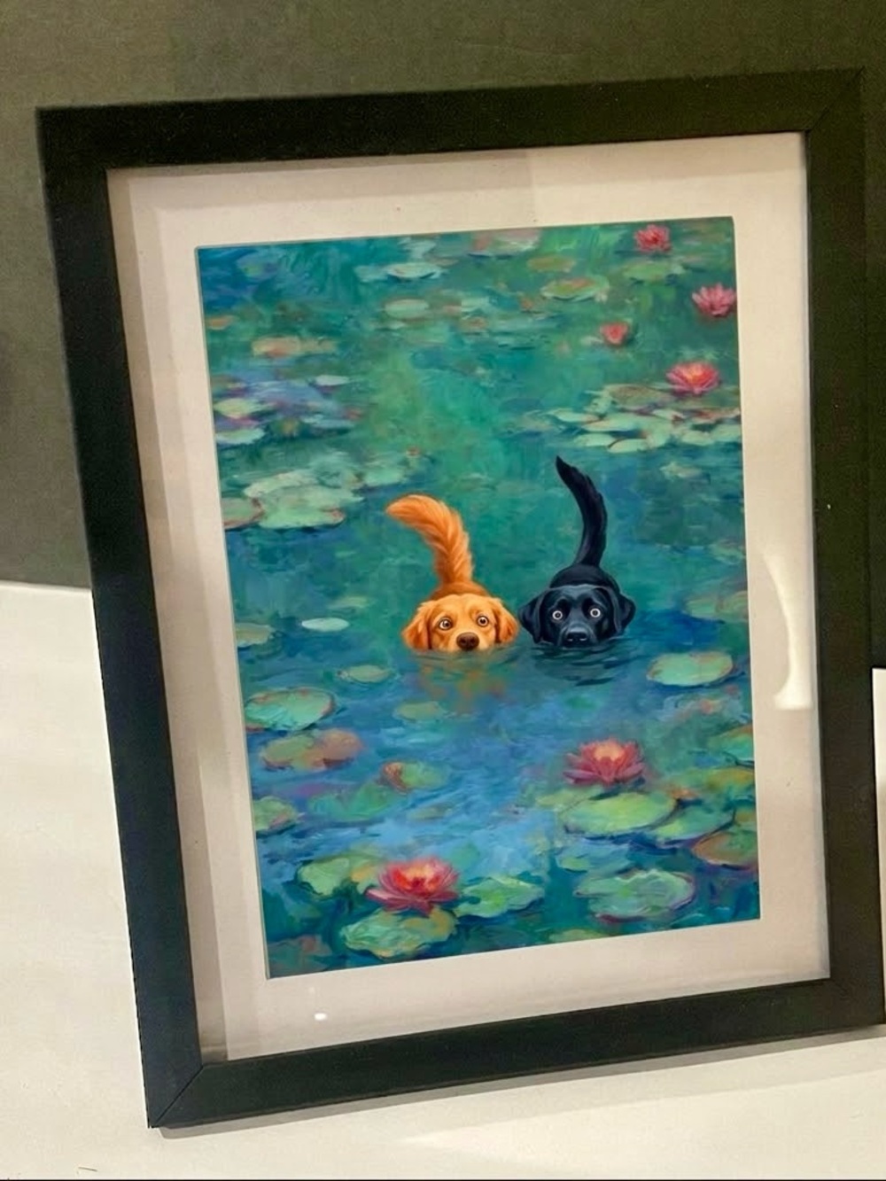 (5”x7”) Framed dog Art Print – Monet Water Lilies Style